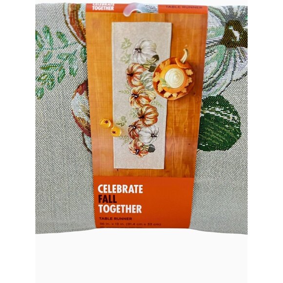 Celebrate Fall Together Pumpkin Tapestry Table Runner 36" Autumn Thanksgiving - Picture 2 of 3